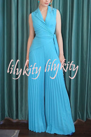 Solid Color Lapel Sleeveless Waist Tie Pleated Wide-leg Jumpsuit
