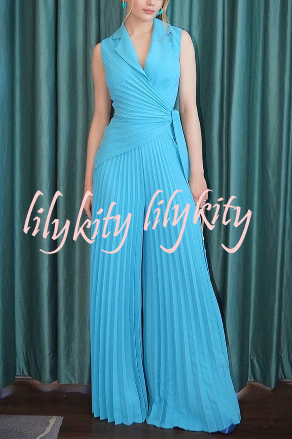 Solid Color Lapel Sleeveless Waist Tie Pleated Wide-leg Jumpsuit