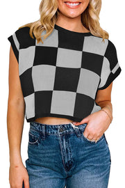 Fashionable Checkerboard Color Block Short-sleeved Loose Sweater