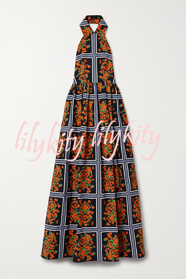 Floral Print Sexy Halter Neck Backless Elegant Maxi Dress