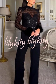 Aerie Sequin Embellished Mock Neck Long Sleeve Feather Cuff Flare Jumpsuit