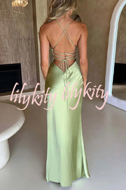 Satin Solid Color Sexy Backless Lace Up High Slit Maxi Dress