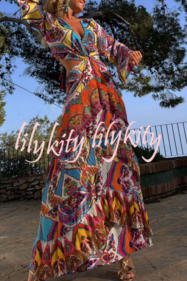 Colorful Day Unique Print Bell Sleeve Cutout Waist Layered Maxi Dress