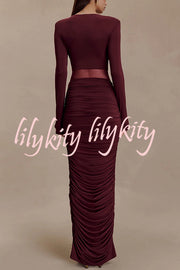 Sexy See-through Long-sleeved V-neck Pleated Slim-fit Maxi Dress