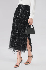 Evening Charm Layered Sequined Tassels High Rise Back Zipper Slit Midi Skirt