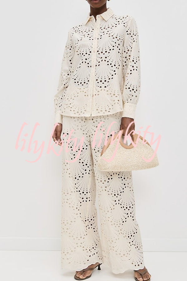Lillah Embroidered Lace Shell Pattern Long Sleeve Loose Blouse