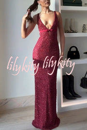 Festival Shines Sequin Beaded Mesh Bow Cutout Detail Slit Maxi Dress