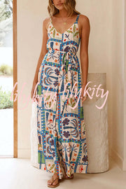 Unique Beach Vacation Print V-neck Suspenders Casual Wide-leg Jumpsuit