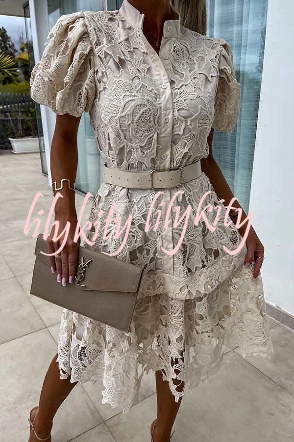 Absolutely Elegant Floral Crochet Lace Puff Sleeve Belted Shirt Midi Dress