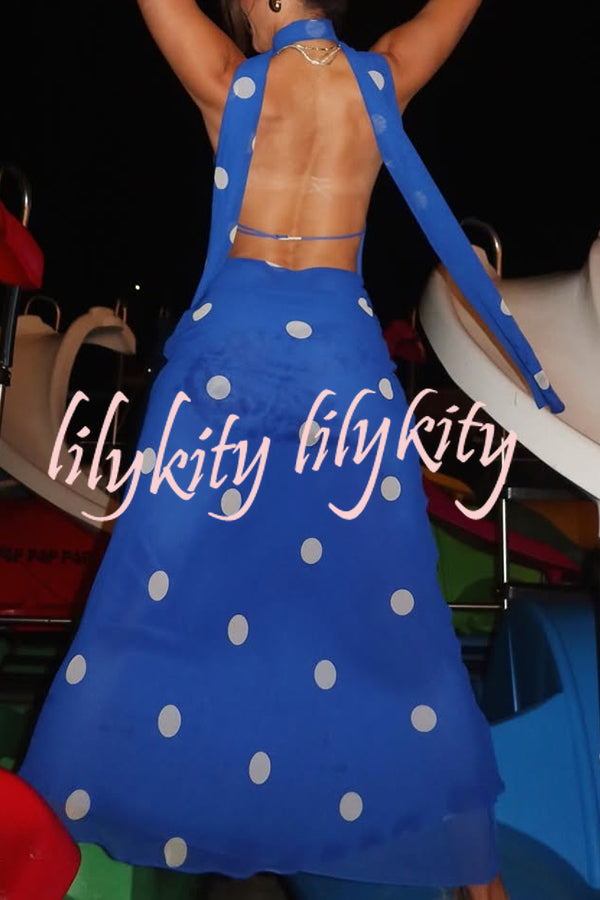 Fashion Polka Dot Print Sexy Halter Neck Backless Maxi Dress