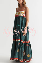 Unique Printed Sexy Suspender Backless Large Hem Maxi Dress