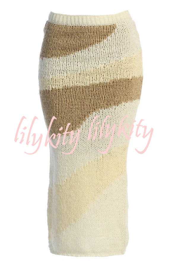 Soft Autumn Knit Colorblock High Rise Elastic Waistband Stretch Midi Skirt