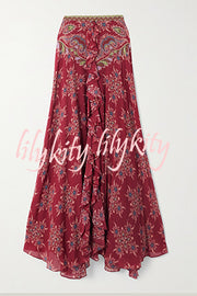 Unique Printed Chiffon Long-sleeved Loose Shirt and Elegant Ruffled Maxi Skirt Set