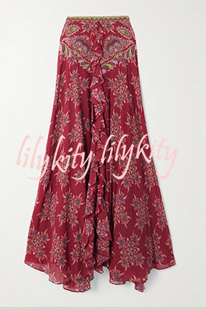 Unique Printed Chiffon Long-sleeved Loose Shirt and Elegant Ruffled Maxi Skirt Set