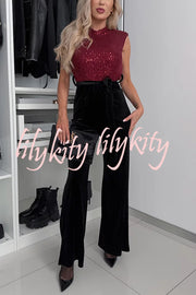 Perfect Party Style Sequin Velvet Patchwork Backless Flare Stretch Jumpsuit