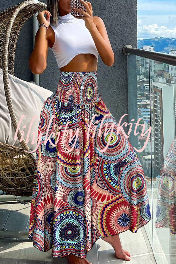 Unique Printed Pleated Elastic Waist Holiday Casual Maxi Skirt