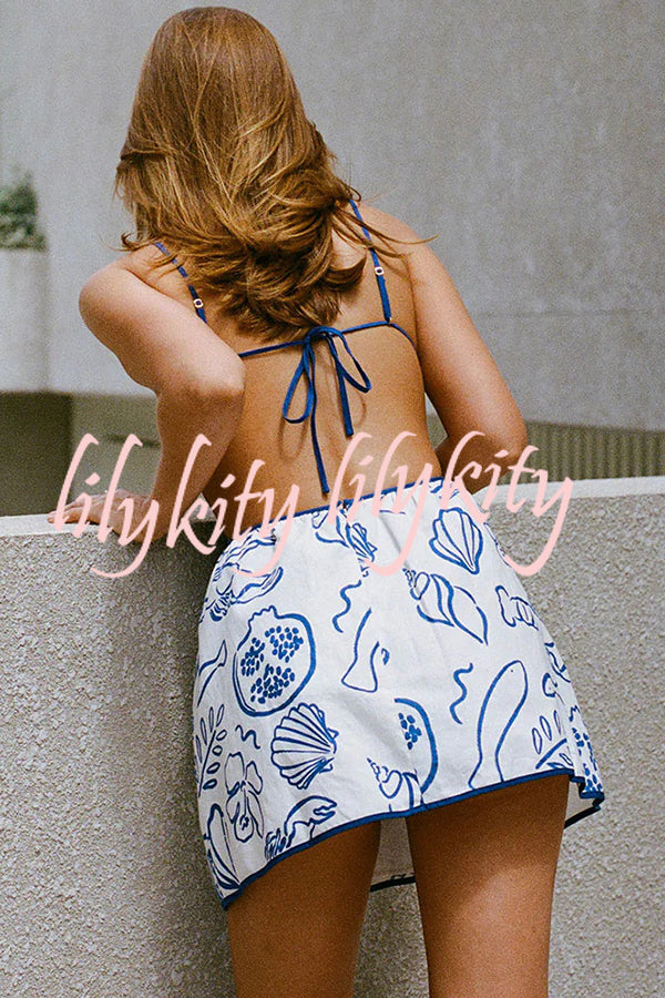 Summer Beach Graphic Print Backless Strappy Mini Dress