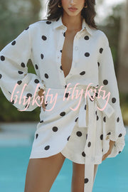 Effortlessly Linen Blend Polka Dot Balloon Sleeve Blouse and Wrap Tie-up Loose Mini Skirt Set