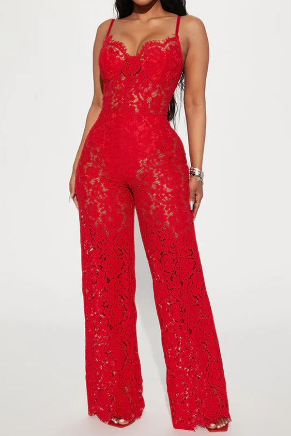 Sexy Moment Floral Lace Lined Suspender Wide Leg Stretch Jumpsuit