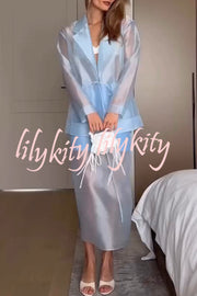 Simple and Light See-through Fabric Tie-up Long Sleeve Pocket Lapel Blazer