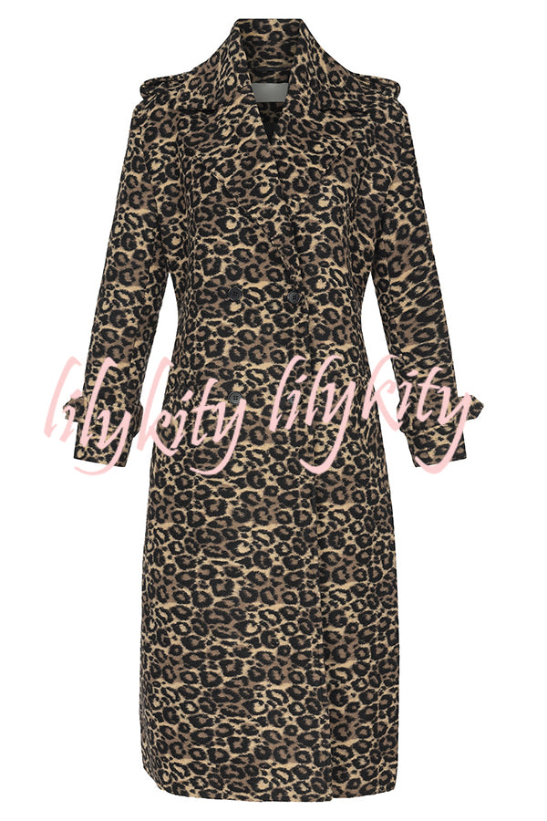 Leopard Affair Animal Print Epaulettes Long Sleeve Pocketed Lapel Midi Trench Coat