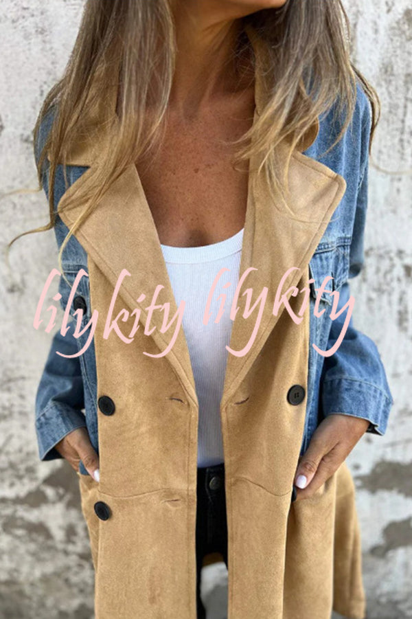 Fashion Lapel Long Sleeve Pocket Mid-length Denim Patchwork Jacket