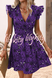 Wonderful Weekend Floral Print Ruffle Sleeve Elastic Waist Mini Dress