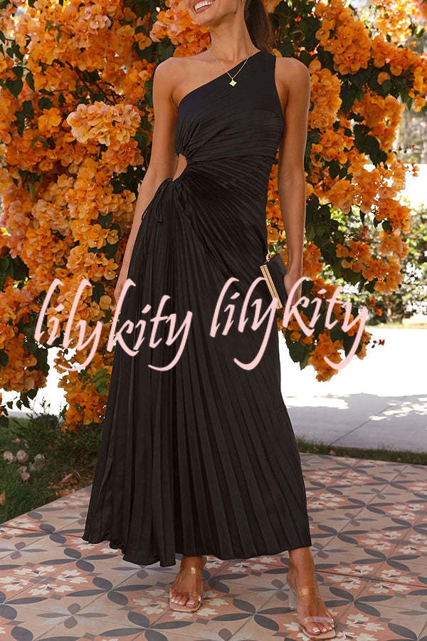 Charming One Shoulder Lace Up Cutout Pleated Maxi Dress