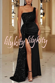 Taylor Sequin Velvet Patchwork One Shoulder Ruched Slit Prom Maxi Dress