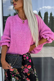 Solid Color Round Neck Ruffled Long Sleeve Knitted Sweater