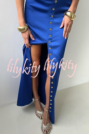 Solid Color Casual Sleeveless Crop Top and Elegant Button-down Maxi Skirt Set