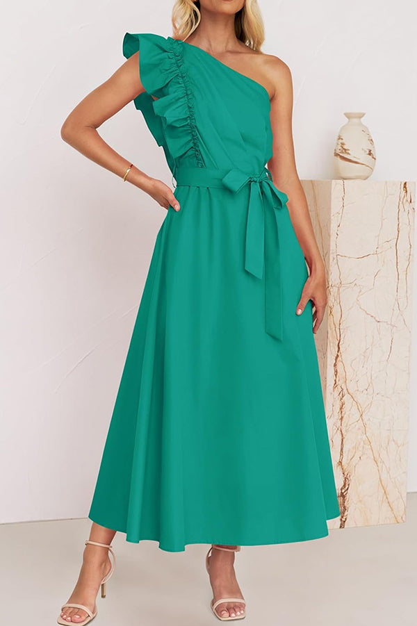 Solid One Shoulder Ruffled Sleeves Tie Waist Maxi Dress