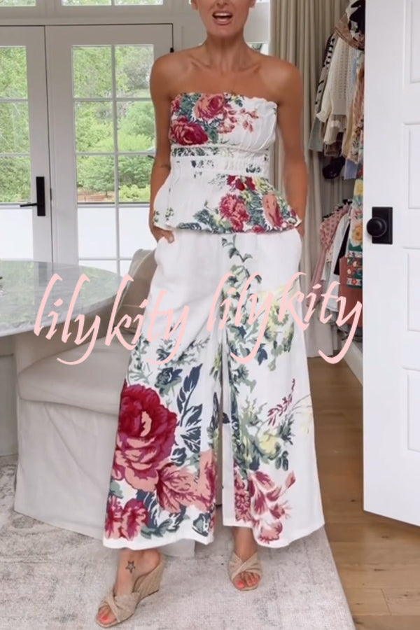 In To The Summer Linen Blend Floral Print Elastic Bandeau and Elastic Waist Pocket Loose Pants Set