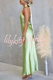 Satin Fashion Halter Backless Slim Elegant Maxi Dress
