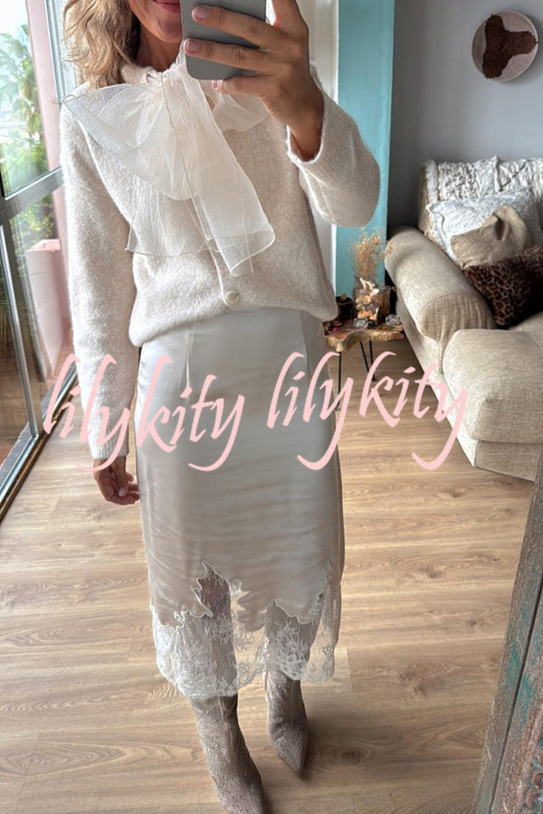 Orozco Knit Organza Bow Button-down Long Sleeve Loose Cardigan