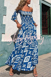 Close To The Vacation Ethnic Print Smocked Off Shoulder Pocketed Maxi Dress