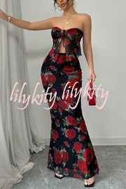 Floral Print Sexy Bandeau Lace-up Top and Slim Mesh Stretch Maxi Skirt Set