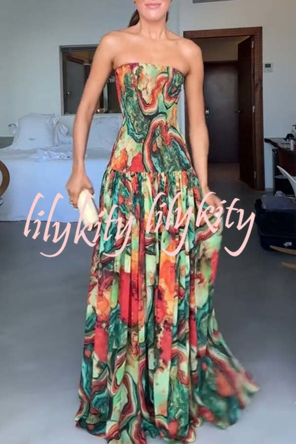 Vacay Vibes Colorful Lava Print Off Shoulder Smocked Scarf Maxi Dress
