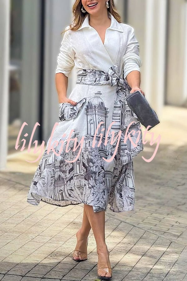 Jiles Linen Blend Unique Contrast Print Long Sleeve Tie-up Pocket Shirt Midi Dress