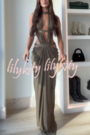 Khaki Hot-fix Rhinestone Shoulder Strap Cutout Design Backless Drape Maxi Dress