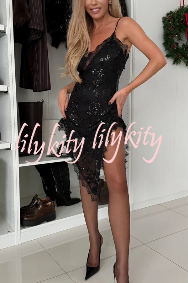 Charming and Romantic Floral Sequin Lace Trim Irregular Slit Hem Slip Mini Dress