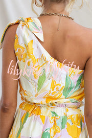 Soleila Floral Print One Shoulder Tie-up Crop Top and Elastic Waist Pocket Loose Pants Set