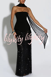 Oakley Corset Strapless Top and Sequin High Rise Maxi Skirt Scarf Set