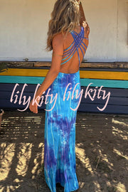 La Bamba Tie-dye Print Back Lace-up Stretch Maxi Dress