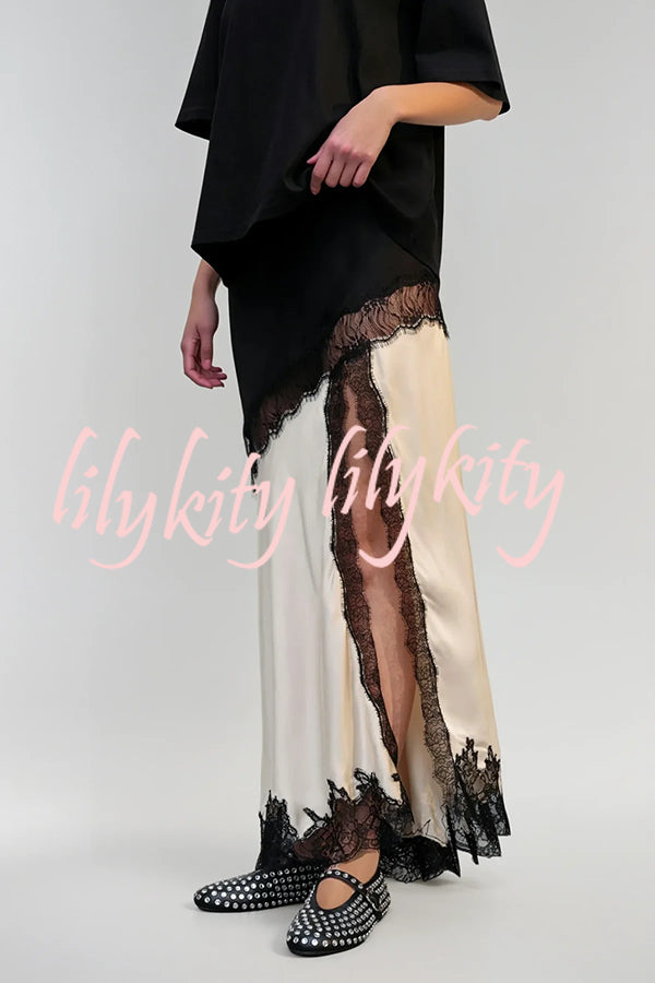 Party Focus Contrast Color Satin Lace Trim Elastic Waist Front Slit Maxi Skirt