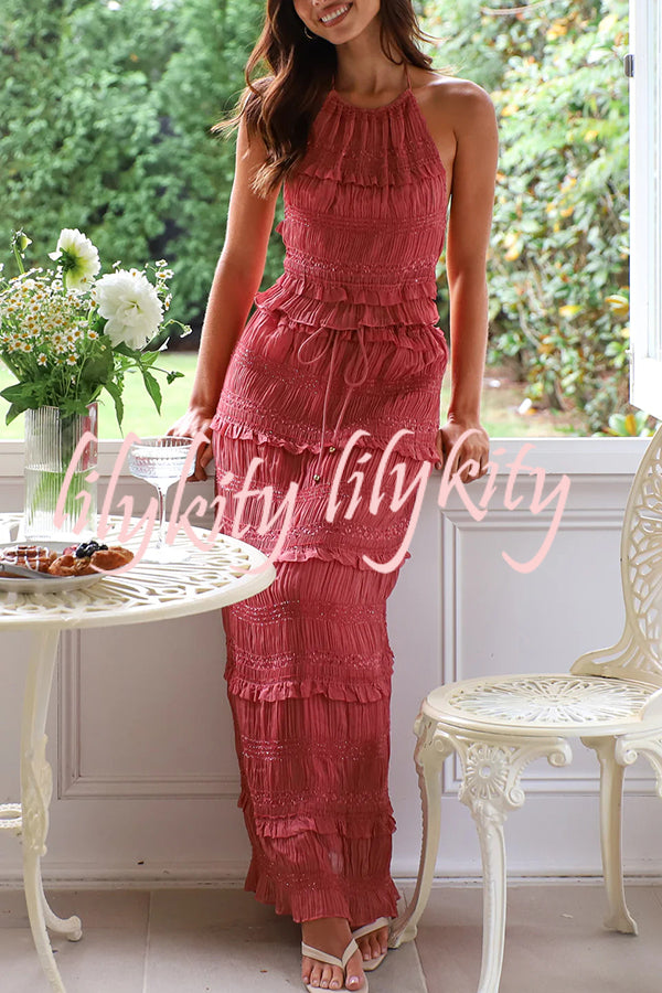 Feel Chic and Romantic Sequin Textured Material Drawstring Waist Tiered Maxi Skirt