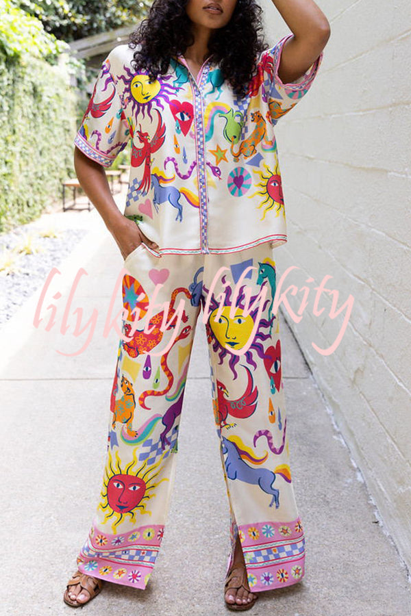 Colorful Vibes Satin Unique Print Short Sleeve Loose Shirt and Elastic Waist Pocket Slit Pants Set