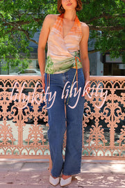 Fairy Tale Town Sunset Unique Print Halter Tie-up Top and Elastic Waist  Pocketed Pants Set