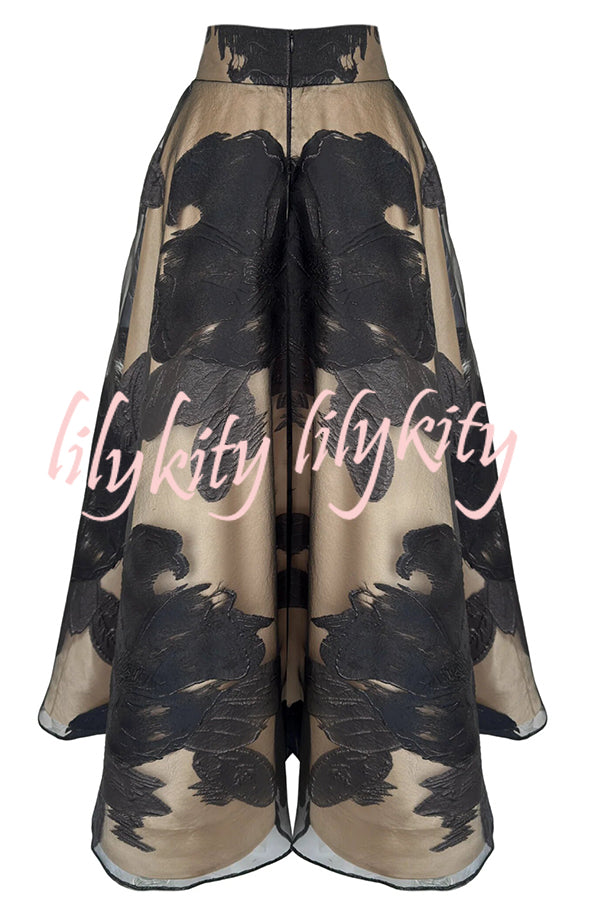 Chic Celebration Tulle Floral Pattern Jacquard High Rise Flared Maxi Skirt