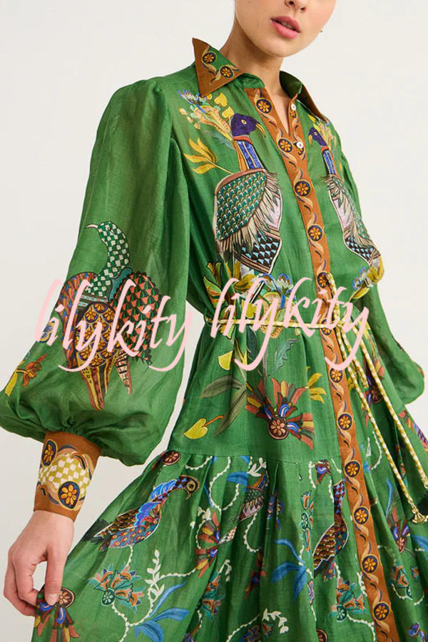 Special Moment Heaven Bird Print Balloon Sleeve Shirt Midi Dress